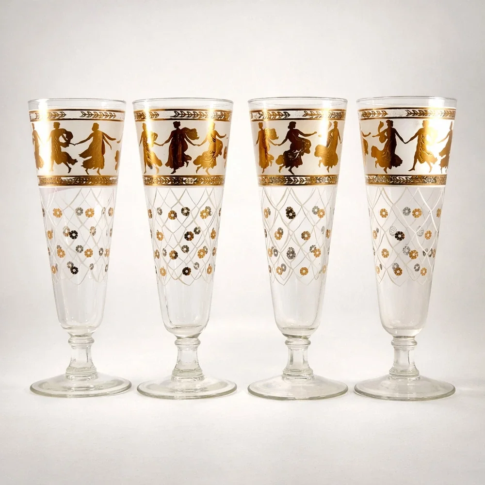 Set of 4 Vintage Aldon Greek Goddess Gold Atomic Barware Pilsner Glasses | MCM